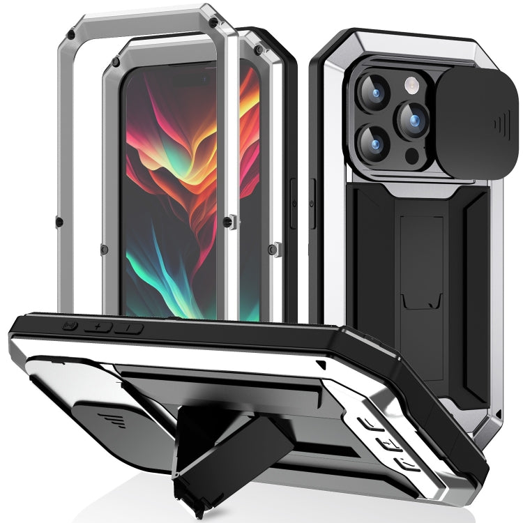For iPhone 15 Pro Max R-JUST Sliding Camera IP54 Life Waterproof Holder Phone Case(Silver) - free shipping - PMC TechLife - Order now!