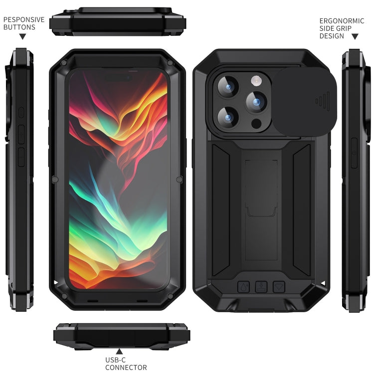 For iPhone 15 Pro R-JUST Sliding Camera IP54 Life Waterproof Holder Phone Case(Black) - iPhone 15 Pro Cases by R-JUST | Online Shopping South Africa | PMC TechLife | Buy Now Pay Later Mobicred