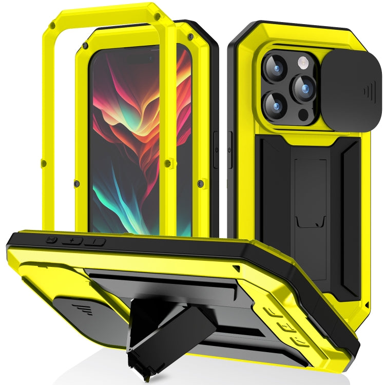For iPhone 15 Pro R-JUST Sliding Camera IP54 Life Waterproof Holder Phone Case(Yellow) - iPhone 15 Pro Cases by R-JUST | Online Shopping South Africa | PMC TechLife | Buy Now Pay Later Mobicred