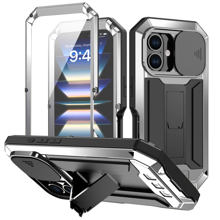 For iPhone 16 R-JUST Sliding Camera IP54 Life Water-resistant Holder Phone Case(Silver) - iPhone 16 Cases by R-JUST | Online Shopping South Africa | PMC Jewellery | Buy Now Pay Later Mobicred