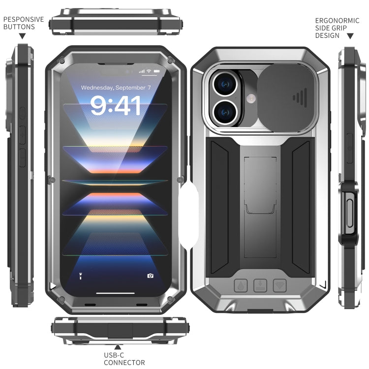 For iPhone 16 R-JUST Sliding Camera IP54 Life Water-resistant Holder Phone Case(Silver) - iPhone 16 Cases by R-JUST | Online Shopping South Africa | PMC Jewellery | Buy Now Pay Later Mobicred