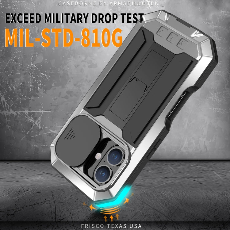 For iPhone 16 R-JUST Sliding Camera IP54 Life Water-resistant Holder Phone Case(Silver) - iPhone 16 Cases by R-JUST | Online Shopping South Africa | PMC Jewellery | Buy Now Pay Later Mobicred