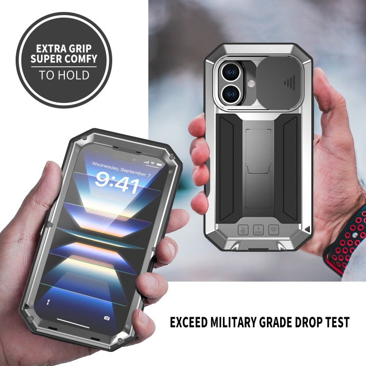 For iPhone 16 R-JUST Sliding Camera IP54 Life Water-resistant Holder Phone Case(Silver) - iPhone 16 Cases by R-JUST | Online Shopping South Africa | PMC Jewellery | Buy Now Pay Later Mobicred