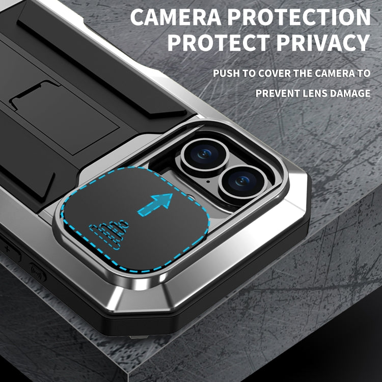 For iPhone 16 R-JUST Sliding Camera IP54 Life Water-resistant Holder Phone Case(Silver) - iPhone 16 Cases by R-JUST | Online Shopping South Africa | PMC Jewellery | Buy Now Pay Later Mobicred