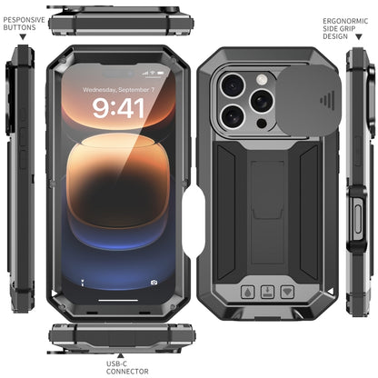 For iPhone 16 Pro Max R-JUST Sliding Camera IP54 Life Waterproof Holder Phone Case(Black) - iPhone 16 Pro Max Cases by R-JUST | Online Shopping South Africa | PMC Jewellery | Buy Now Pay Later Mobicred