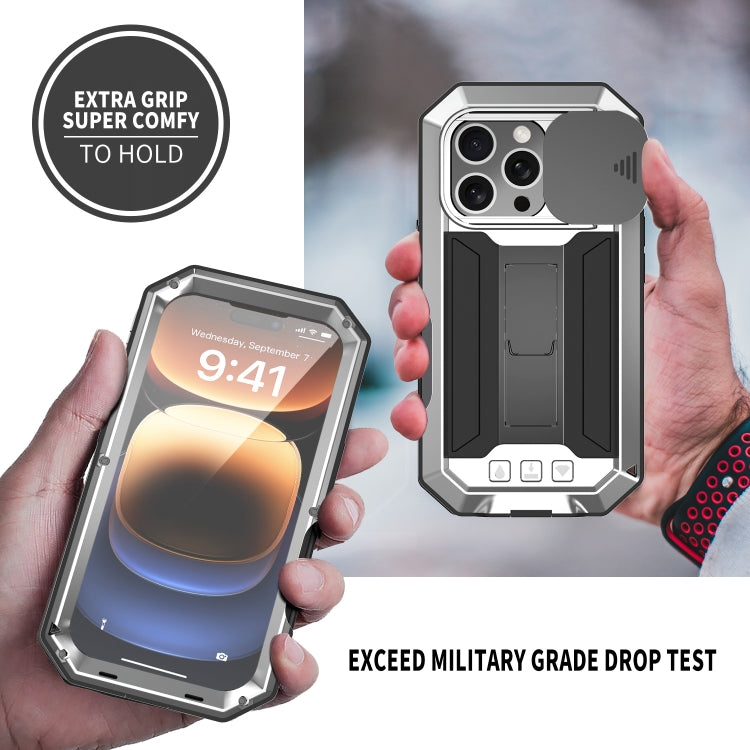 For iPhone 16 Pro Max R-JUST Sliding Camera IP54 Life Waterproof Holder Phone Case(Silver) - free shipping - PMC Jewellery - Order now!
