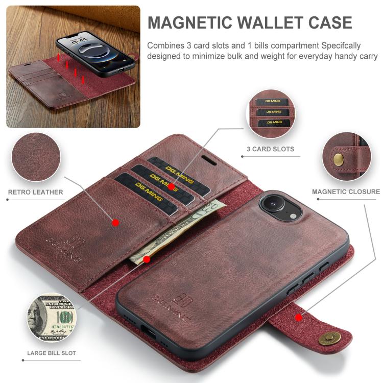 For iPhone 16e DG.MING Crazy Horse Texture Detachable Magnetic Leather Phone Case(Red) - free shipping - PMc TechLife - Order now!