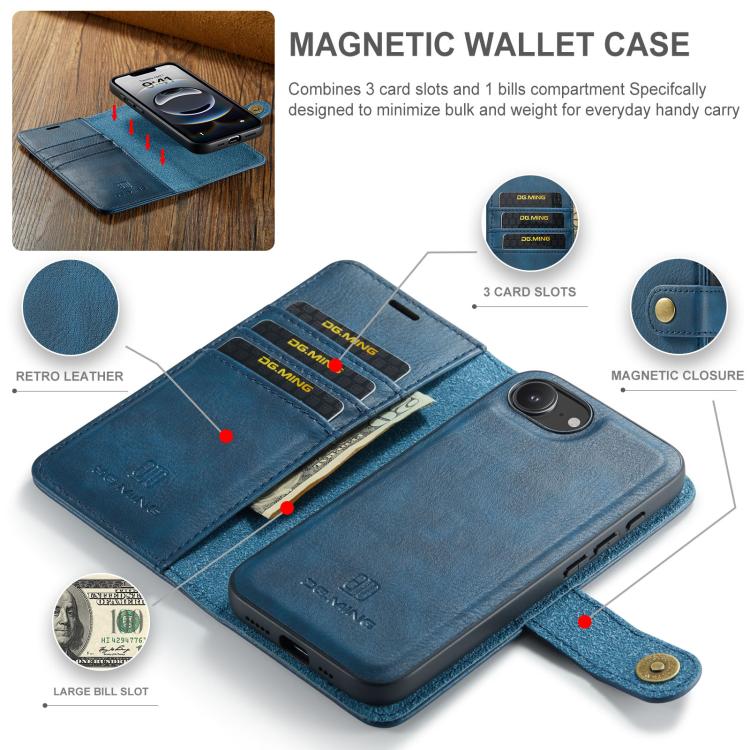 For iPhone 16e DG.MING Crazy Horse Texture Detachable Magnetic Leather Phone Case(Blue) - free shipping - PMc TechLife - Order now!
