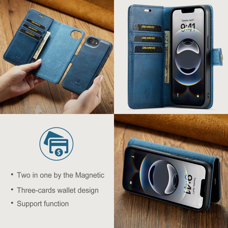 For iPhone 16e DG.MING Crazy Horse Texture Detachable Magnetic Leather Phone Case(Blue) - free shipping - PMc TechLife - Order now!