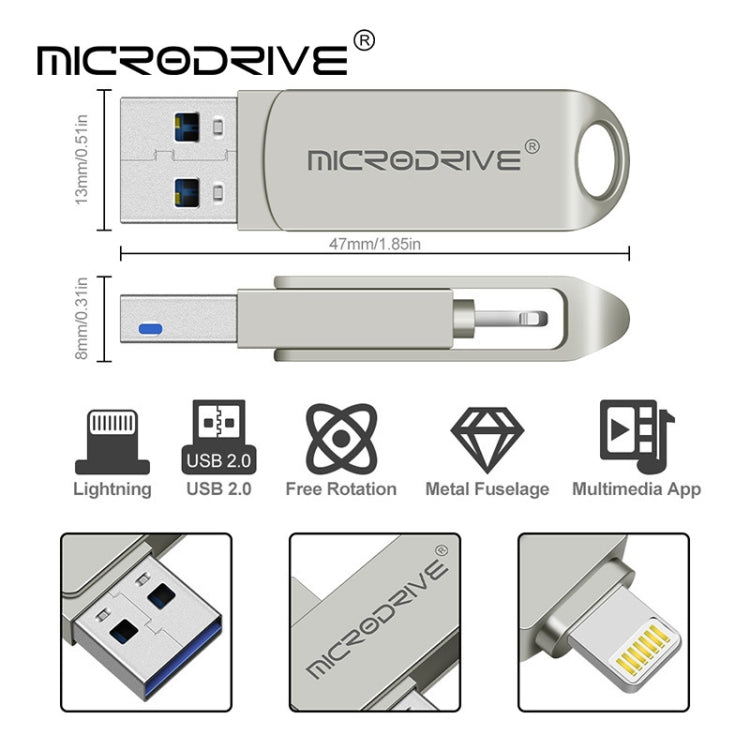 MicroDrive 2 In 1  8 Pin + USB 2.0 Portable Metal USB Flash Disk, Capacity:64GB(Silver) - free shipping - PMC Jewellery - Order now!