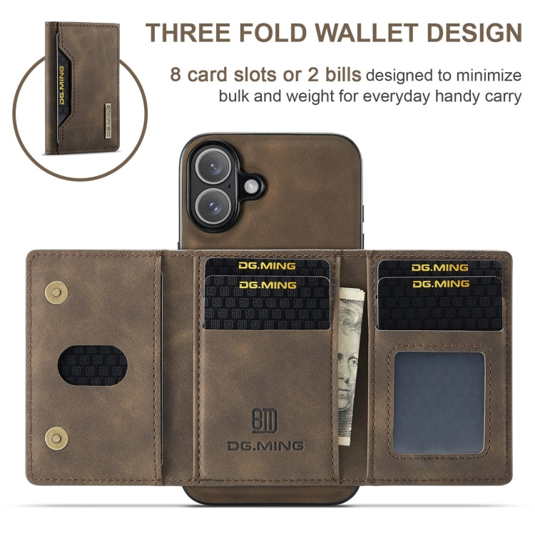 For iPhone 16 DG.MING M2 Series 3-Fold Card Bag Wallet Leather Phone Case(Coffee) - iPhone 16 Cases by DG.MING | Online Shopping South Africa | PMC Jewellery | Buy Now Pay Later Mobicred