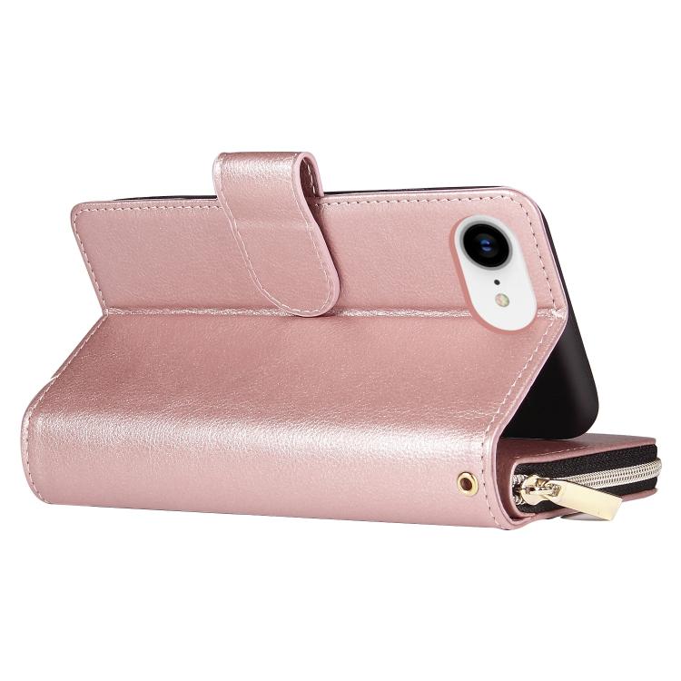 For iPhone 16e 9 Card Slots Zipper Wallet Bag Leather Phone Case(Rose Gold) - iPhone 16e Cases by PMC TechLife | Online Shopping South Africa | PMC TechLife | Buy Now Pay Later Mobicred