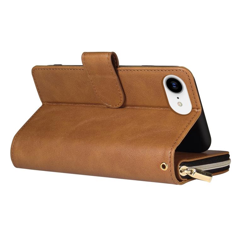 For iPhone 16e 9 Card Slots Zipper Wallet Bag Leather Phone Case(Brown) - iPhone 16e Cases by PMC TechLife | Online Shopping South Africa | PMC TechLife | Buy Now Pay Later Mobicred