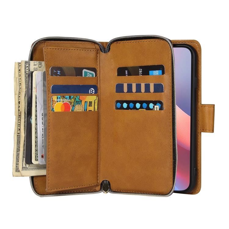 For iPhone 16e 9 Card Slots Zipper Wallet Bag Leather Phone Case(Brown) - iPhone 16e Cases by PMC TechLife | Online Shopping South Africa | PMC TechLife | Buy Now Pay Later Mobicred