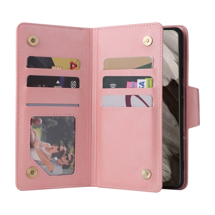 For Google Pixel 8 Rivet Buckle 9 Cards Three Fold Leather Phone Case(Rose Gold) - Google Cases by PMC TechLife | Online Shopping South Africa | PMC TechLife | Buy Now Pay Later Mobicred