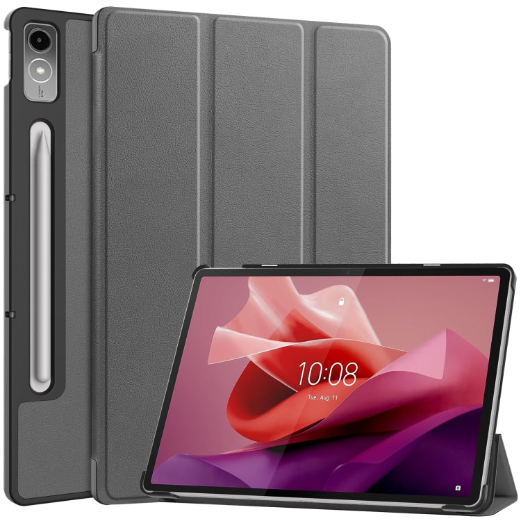 For Lenovo Tab P12/Xiaoxin Pad Pro 12.7 inch Custer Solid Color 3-Fold Stand Leather Tablet Case(Grey) - Lenovo by PMC Jewellery | Online Shopping South Africa | PMC Jewellery