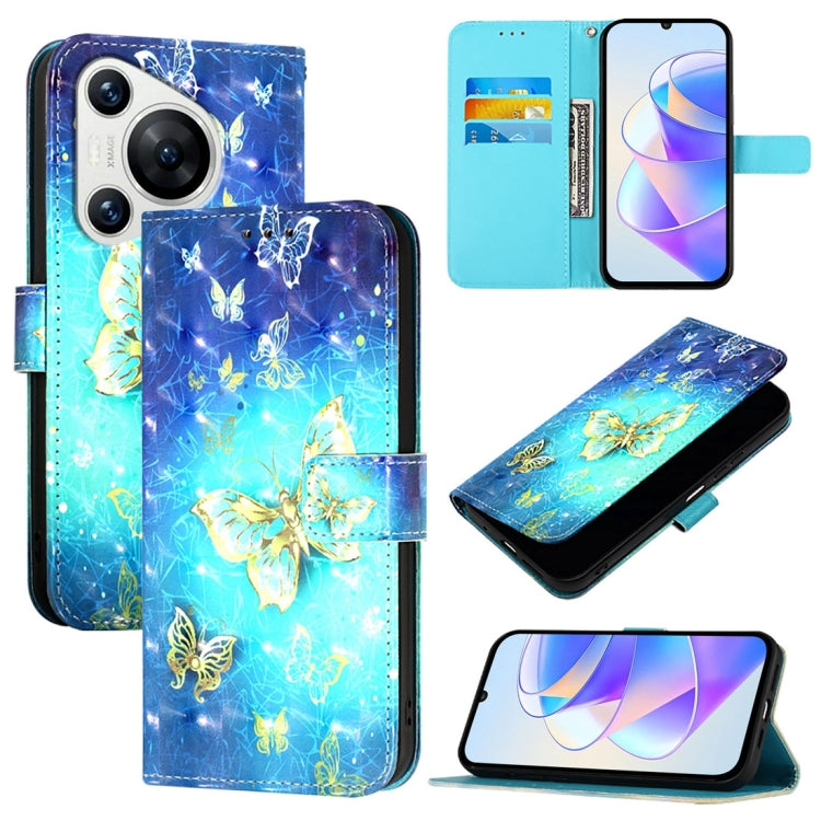 For Huawei Pura 70 3D Painting Horizontal Flip Leather Phone Case(Golden Butterfly) - Huawei Cases by PMC Jewellery | Online Shopping South Africa | PMC Jewellery | Buy Now Pay Later Mobicred