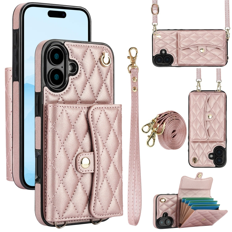 For iPhone 16 Plus Crossbody Rhombic Horizontal Wallet Leather Phone Case(Rose Gold) - free shipping - PMC Jewellery - Order now!