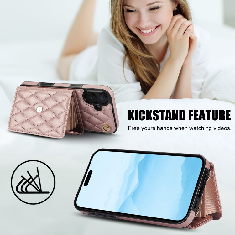 For iPhone 16 Plus Crossbody Rhombic Horizontal Wallet Leather Phone Case(Rose Gold) - free shipping - PMC Jewellery - Order now!
