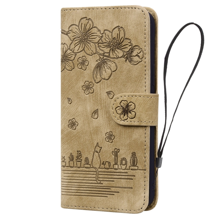 For iPhone 16 Plus Cartoon Sakura Cat Embossed Leather Phone Case(Brown) - iPhone 16 Plus Cases by PMC TechLife | Online Shopping South Africa | PMC TechLife | Buy Now Pay Later Mobicred
