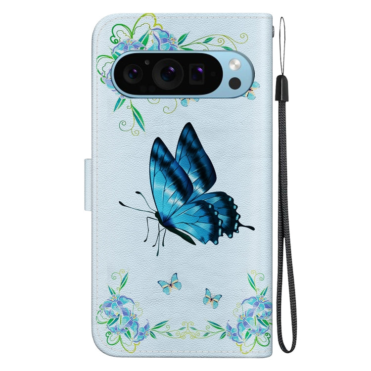 For Google Pixel 9 Crystal Texture Colored Drawing Leather Phone Case(Blue Pansies) - Google Cases by PMC TechLife | Online Shopping South Africa | PMC TechLife | Buy Now Pay Later Mobicred