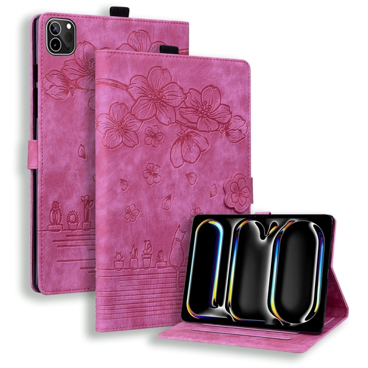 For iPad Pro 13 2024 Cartoon Sakura Cat Embossed Smart Leather Tablet Case(Rose Red) - iPad Pro 13 2024 Cases by PMC TechLife | Online Shopping South Africa | PMC TechLife | Buy Now Pay Later Mobicred