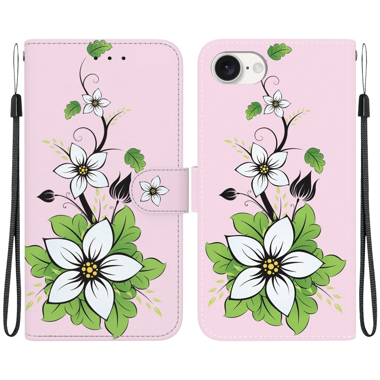 For iPhone 16e Crystal Texture Colored Drawing Leather Phone Case(Lily) - iPhone 16e Cases by PMC TechLife | Online Shopping South Africa | PMC TechLife | Buy Now Pay Later Mobicred