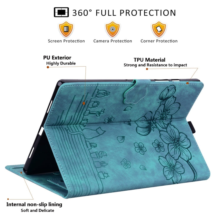 For Samsung Galaxy Tab A9+ Cartoon Sakura Cat Embossed Leather Tablet Case(Green) - Galaxy Tab A9+ by PMC TechLife | Online Shopping South Africa | PMC TechLife