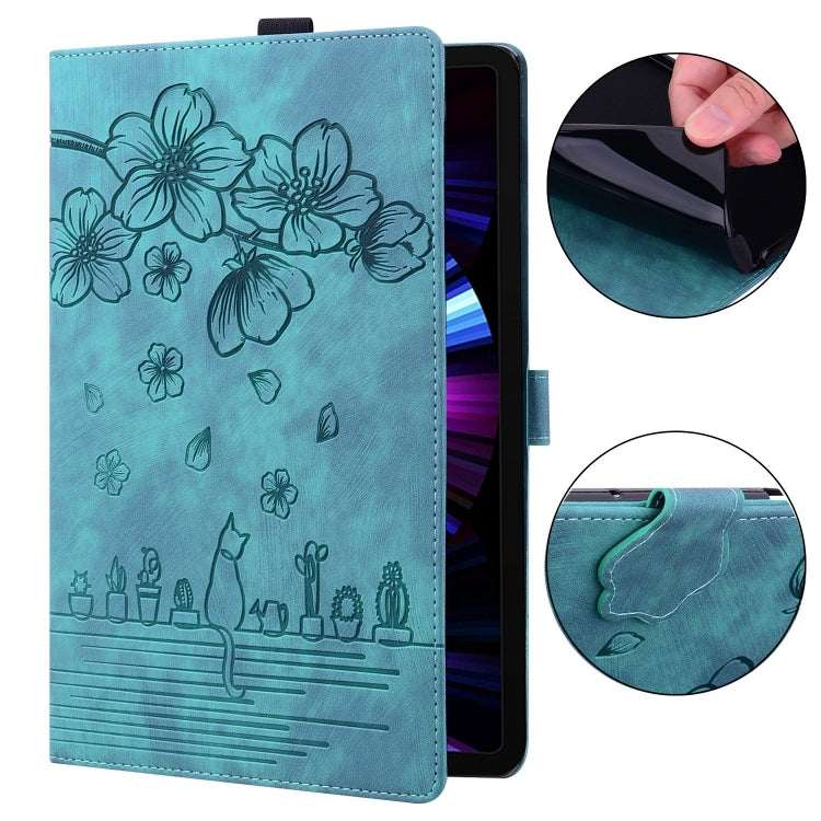 For Lenovo Xiaoxin Pad Pro 12.7 2025 Cartoon Sakura Cat Embossed Leather Tablet Case(Green) - Lenovo by PMC TechLife | Online Shopping South Africa | PMC TechLife | Buy Now Pay Later Mobicred