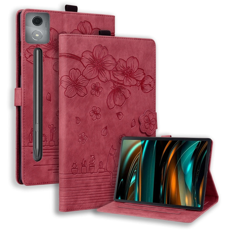 For Lenovo Xiaoxin Pad Pro 12.7 2025 Cartoon Sakura Cat Embossed Leather Tablet Case(Red) - Lenovo by PMC TechLife | Online Shopping South Africa | PMC TechLife | Buy Now Pay Later Mobicred
