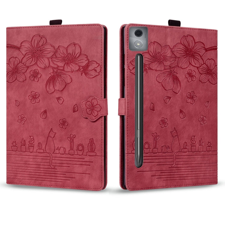 For Lenovo Xiaoxin Pad Pro 12.7 2025 Cartoon Sakura Cat Embossed Leather Tablet Case(Red) - Lenovo by PMC TechLife | Online Shopping South Africa | PMC TechLife | Buy Now Pay Later Mobicred