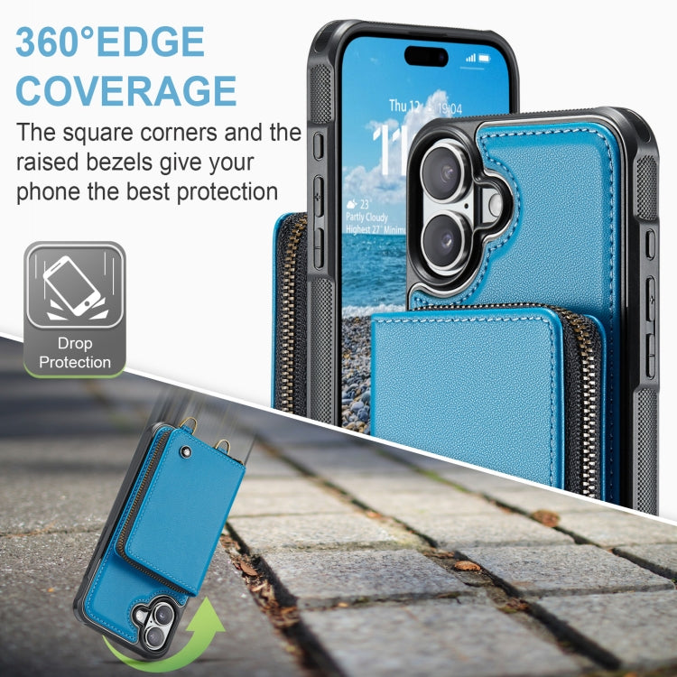 For iPhone 16 Plus JEEHOOD C22 Series Zipper Wallet Leather Phone Case with Dual Lanyard(Blue) - iPhone 16 Plus Cases by JEEHOOD | Online Shopping South Africa | PMC Jewellery | Buy Now Pay Later Mobicred