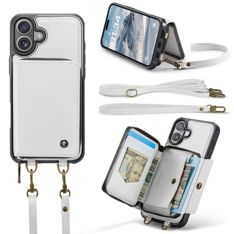 For iPhone 16 Plus JEEHOOD C22 Series Zipper Wallet Leather Phone Case with Dual Lanyard(White) - free shipping - PMC Jewellery - Order now!
