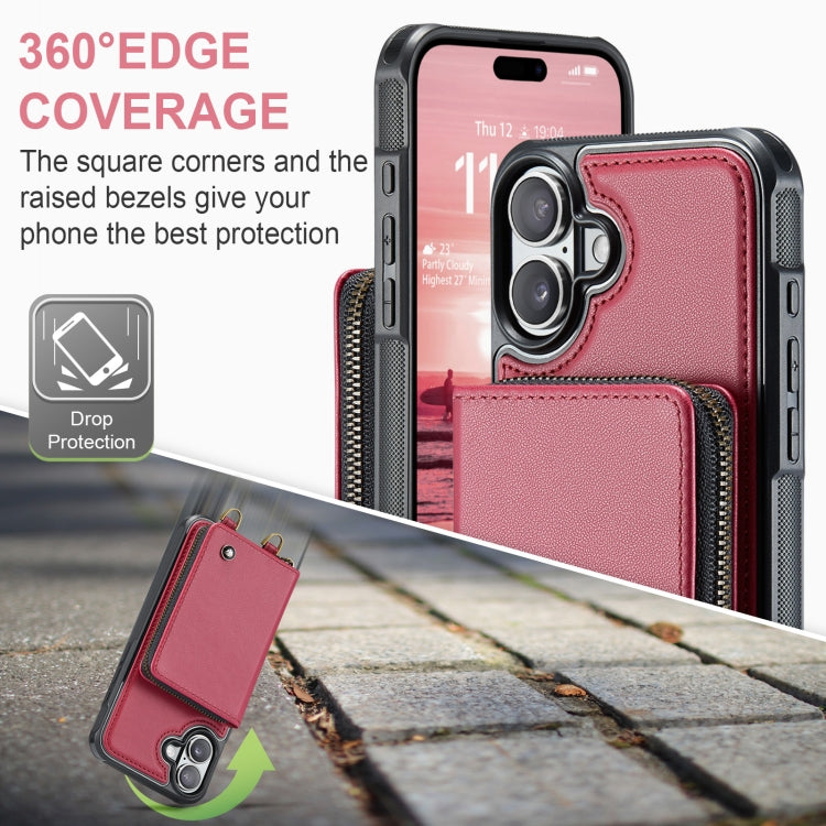 For iPhone 16 JEEHOOD C22 Series Zipper Wallet Leather Phone Case with Dual Lanyard(Red) - free shipping - PMC Jewellery - Order now!