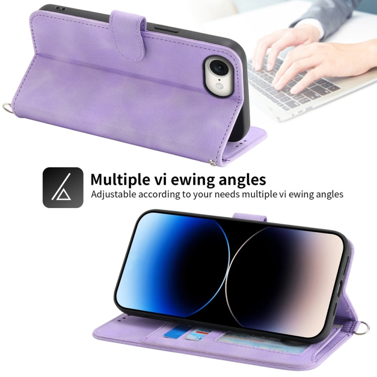 For iPhone 16e Skin-feel Flowers Embossed Wallet Leather Phone Case(Purple) - iPhone 16e Cases by PMC TechLife | Online Shopping South Africa | PMC TechLife | Buy Now Pay Later Mobicred