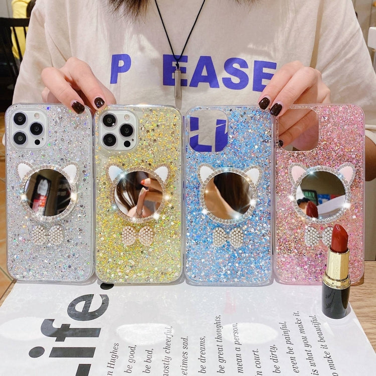 For iPhone 13 Pro Max Starry Sequin Diamond Cat Ears Mirror Epoxy TPU Phone Case(Yellow) - iPhone 13 Pro Max Cases by PMC TechLife | Online Shopping South Africa | PMC TechLife