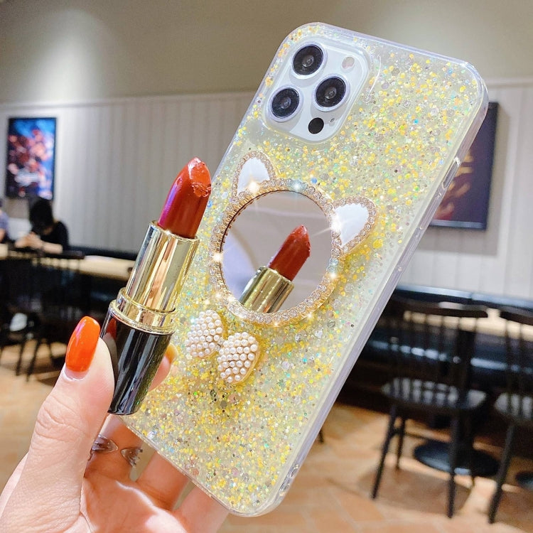 For iPhone 13 Pro Max Starry Sequin Diamond Cat Ears Mirror Epoxy TPU Phone Case(Yellow) - iPhone 13 Pro Max Cases by PMC TechLife | Online Shopping South Africa | PMC TechLife