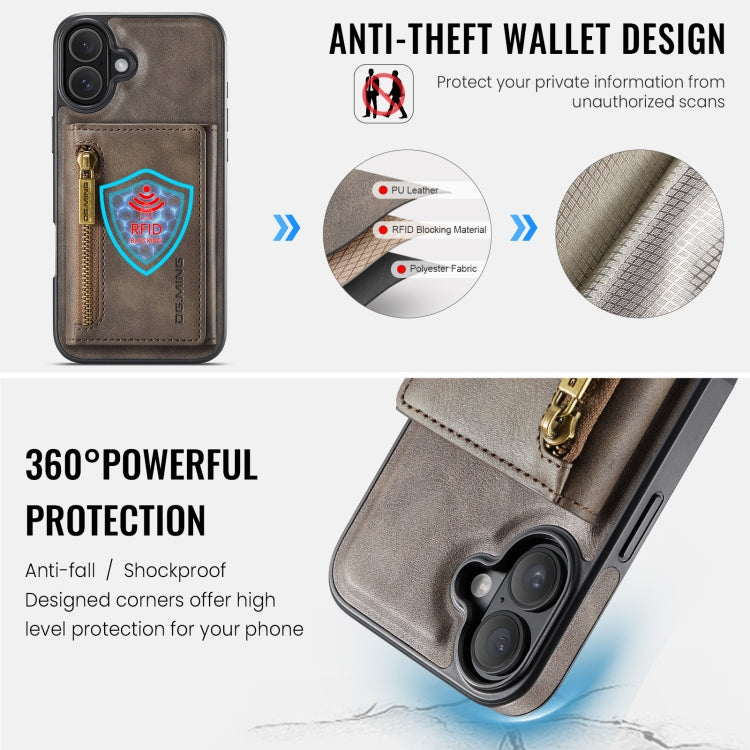 For iPhone 16 DG.MING M5 Series Zip RFID Multi Card Detachable Leather Phone Case(Coffee) - iPhone 16 Cases by DG.MING | Online Shopping South Africa | PMC Jewellery | Buy Now Pay Later Mobicred