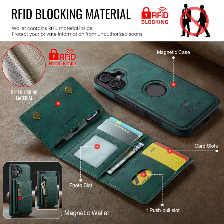 For iPhone 16 DG.MING M5 Series Zip RFID Multi Card Detachable Leather Phone Case(Green) - free shipping - PMC Jewellery - Order now!
