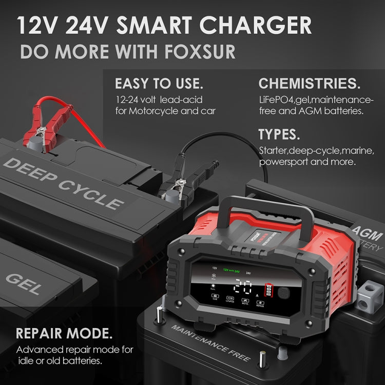 FOXSUR 12V / 24V 20A 300W Portable Motorcycle Car Smart Battery Charger(AU Plug) - Battery Charger by FOXSUR | Online Shopping South Africa | PMC Jewellery | Buy Now Pay Later Mobicred