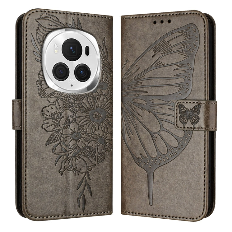 For Honor Magic6 Pro 5G Global Embossed Butterfly Leather Phone Case(Grey) - Honor Cases by PMC Jewellery | Online Shopping South Africa | PMC Jewellery | Buy Now Pay Later Mobicred