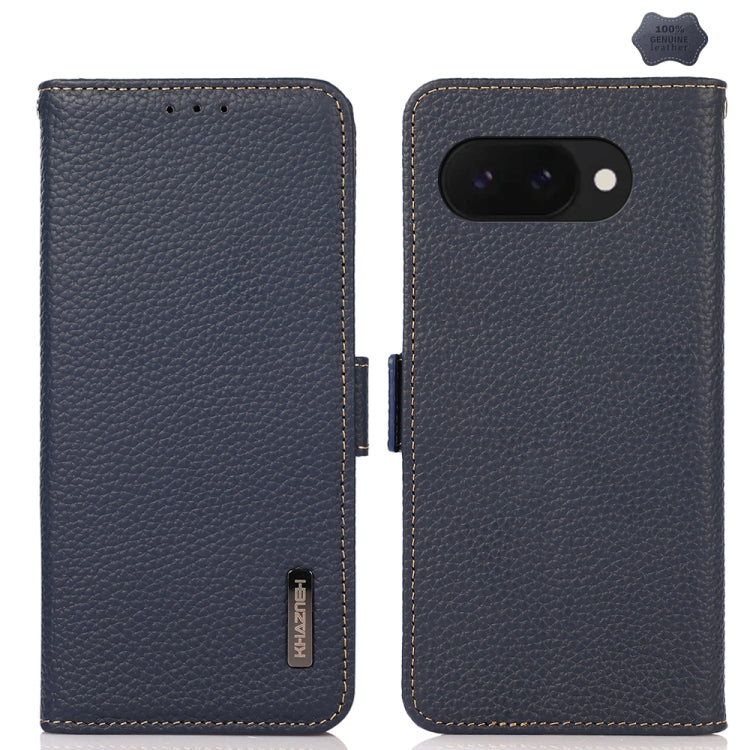 For Google Pixel 9a KHAZNEH Side-Magnetic Litchi Genuine Leather RFID Phone Case(Blue) - Google Cases by PMC TechLife | Online Shopping South Africa | PMC TechLife | Buy Now Pay Later Mobicred