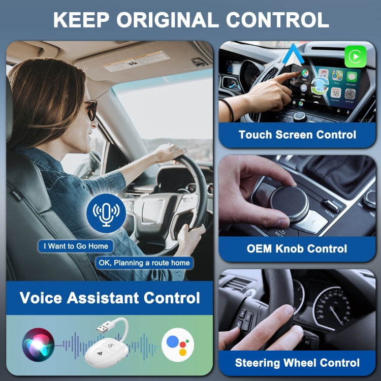 THT-020-9-1 USB + USB-C / Type-C Wired to Wireless Carplay / Android Auto Adapter(White) - free shipping - PMC TechLife - Order now!
