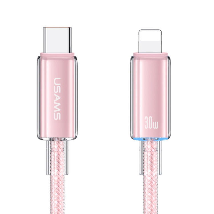 USAMS Type-C To 8 Pin Aluminum Alloy Clear LED 30W PD Fast Charge Data Cable, Length:1.2m(Pink) - 2 in 1 Cable by USAMS | Online Shopping South Africa | PMC Jewellery | Buy Now Pay Later Mobicred