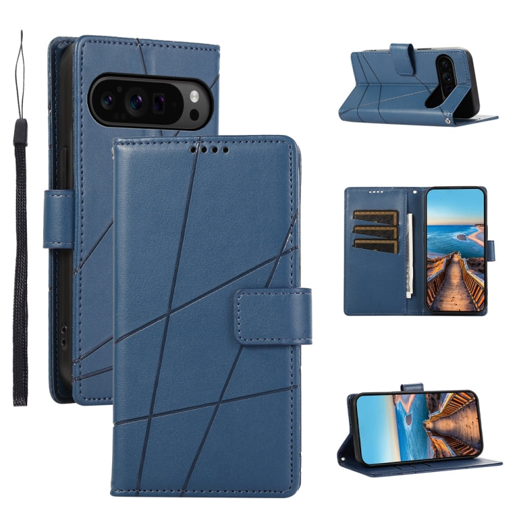 For Google Pixel 9 Pro PU Genuine Leather Texture Embossed Line Phone Case(Blue) - free shipping - PMC TechLife - Order now!