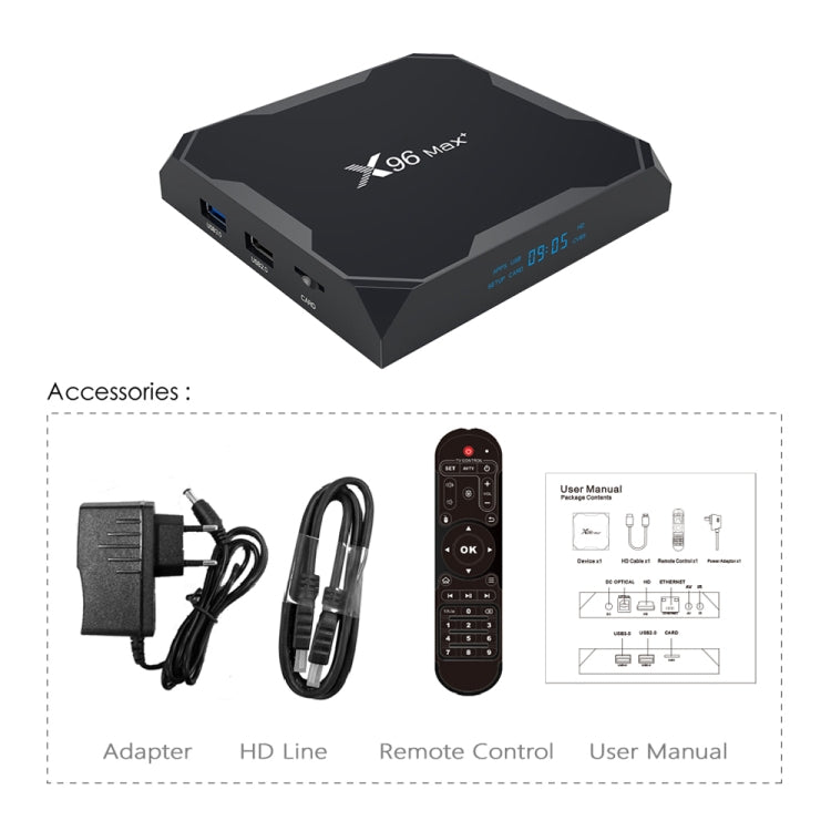 X96 max+ 4K Smart TV Box with Remote Control, Android 9.0, Amlogic S905X3 Quad-Core Cortex-A55,2GB+16GB, Support LAN, AV, 2.4G/5G WiFi, USBx2,TF Card, AU Plug - Amlogic S905 by PMC Jewellery | Online Shopping South Africa | PMC Jewellery | Buy Now Pay Later Mobicred