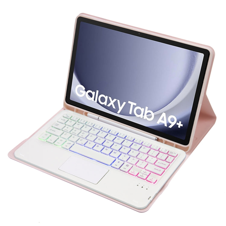 For Samsung Galaxy Tab A9+ X210/X215/X215 A09B-AS Candy Color Touch Backlight Bluetooth Keyboard Leather Tablet Case with Pen Holder(Pink) - Samsung Keyboard by PMC Jewellery | Online Shopping South Africa | PMC Jewellery