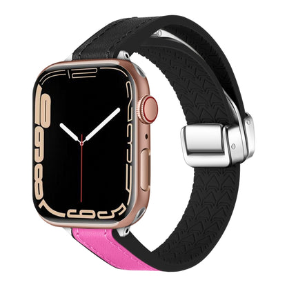 For Apple Watch SE 2023 44mm Magnetic Folding Leather Silicone Watch Band(Black Rose Red) - Watch Bands by PMC Jewellery | Online Shopping South Africa | PMC Jewellery