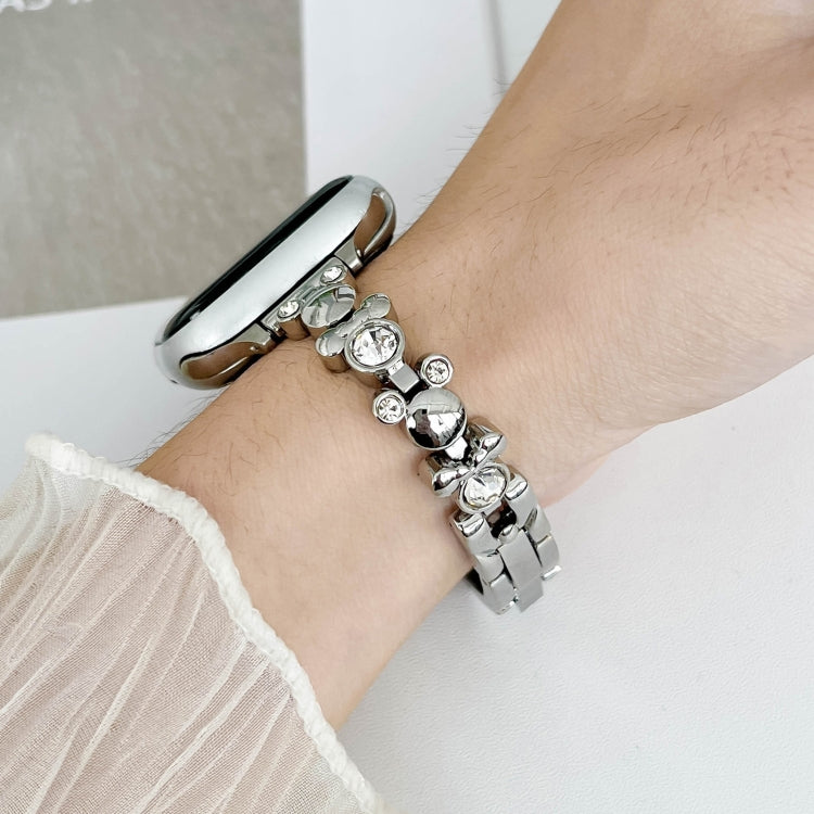 For Apple Watch Series 7 45mm Metal Diamond Bear Chain Watch Band(Silver) - Watch Bands by PMC TechLife | Online Shopping South Africa | PMC TechLife