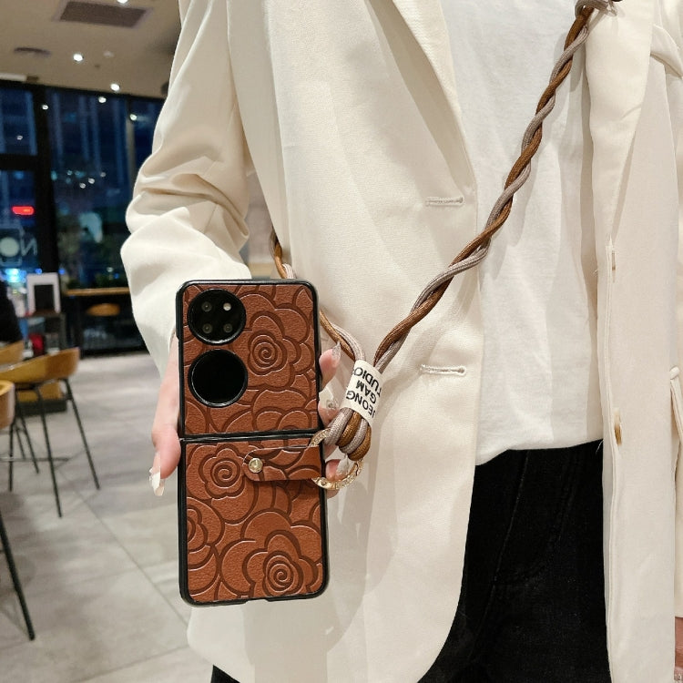 For Huawei P50 Pocket Impression Camellia Pattern Protective Phone Case with Diamond Ring Long Lanyard(Brown) - Huawei Cases by PMC Jewellery | Online Shopping South Africa | PMC Jewellery